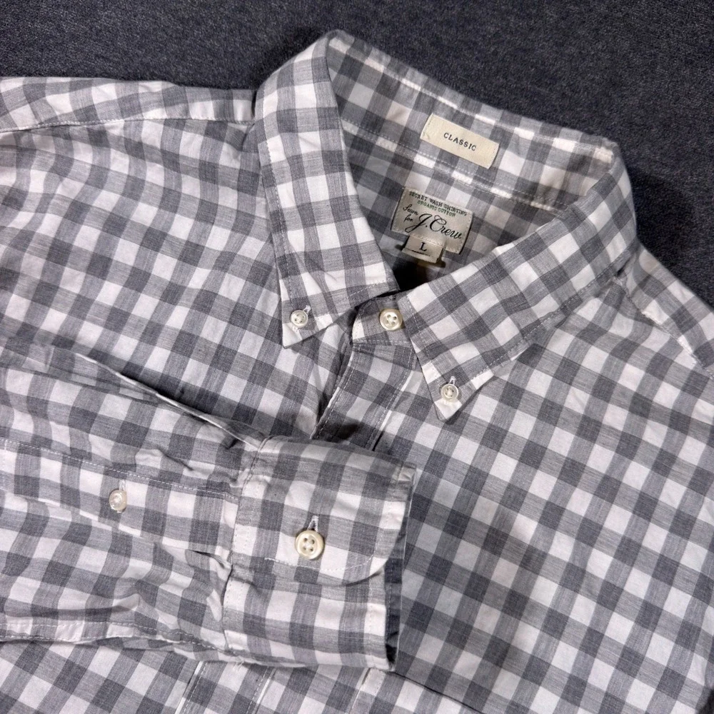 J. Crew Button Down Shirt Mens L Gray Gingham Secret Wash Organic Cotton Classic